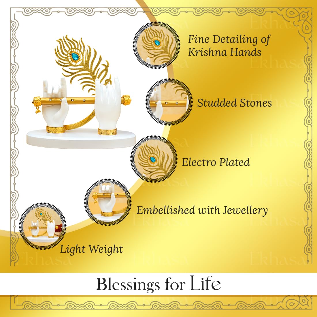 Ekhasa Lord Krishna Hands with Flute Idol (Big Size) | Krishnaji Divine Hands Idol with Flute and Peacock Feather | Krishna Statue for Car Dashboard & Griha Pravesh Gift