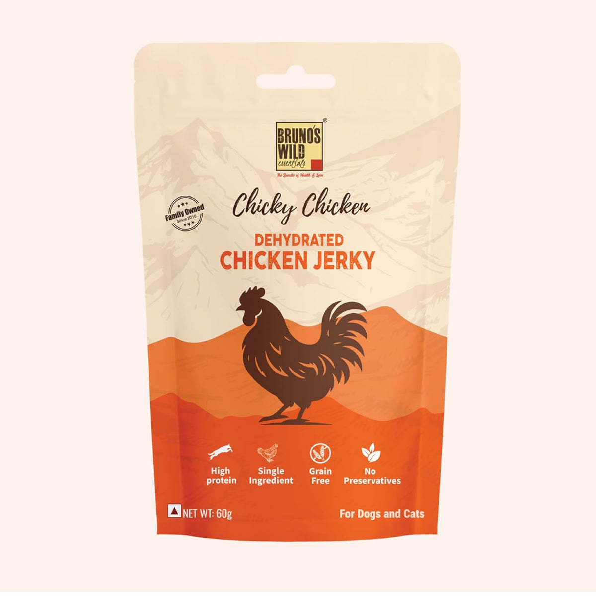 Brunos Dehydrated Chicken Jerky - 60g | Treat for Dogs & Cats|Grain Free Natural Treats | Single Ingredient | Preservative Free | Immunity Boost Formula | Healthy Snack for Pets