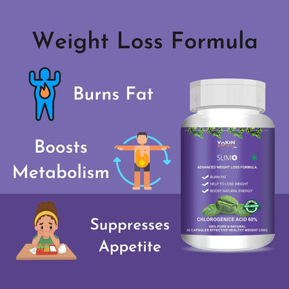 Weight loss supplement bottle with illustrations and text on a purple background