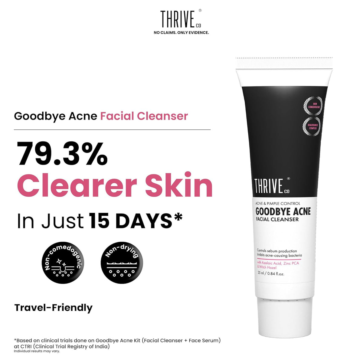 Thrive Goodbye Acne Facial Cleanser tube with product details on a white background
