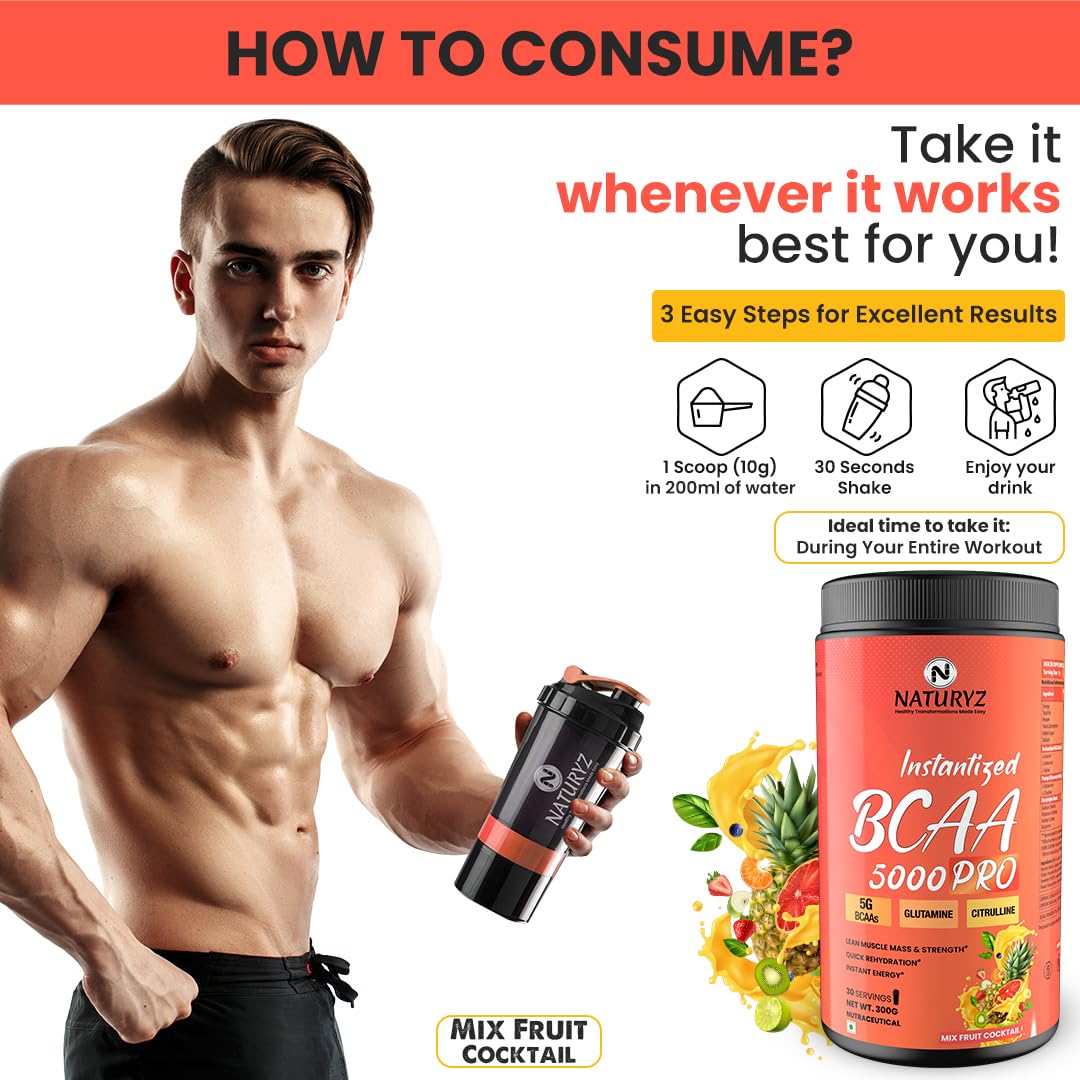 Man holding a supplement container with text on how to consume it, featuring a brand logo.