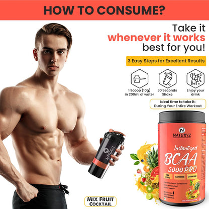 Man holding a supplement container with text on how to consume it, featuring a brand logo.