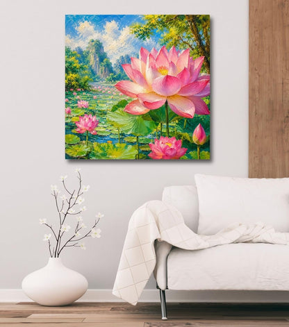 Lotus Flower Painting for Wall Vastu (15+ DESIGNS) Framed Lotus Canvas Painting for Living Room, Bedroom | Nature Floral Wall Art with Multiple Design Variations (Two Lotus, 18x18 Inch, Framed)