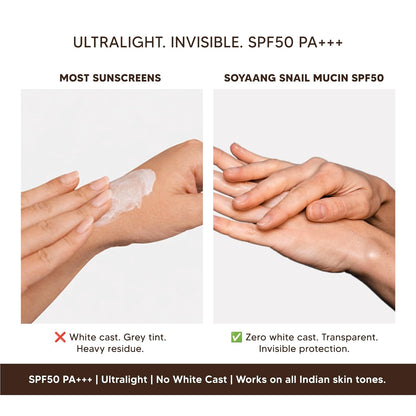 Soyaang Ultralight Snail Mucin SPF50 PA+++ Sunscreen with Ceramides, Zinc Oxide & Green Tea | Repairs While Protecting | Lightweight, No White Cast Sunscreen for All Skin Types | 50g