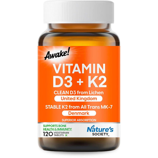 The Nature's Society ® Vitamin D3 K2 Supplement | D3 from UK | K2 MK7 from Denmark | For Calcium Utilization, Bone Strength & Heart Health | D3 Supplement For Immunity | Vegan D3 - Lichen - 120 Veg Tablets (120 count)