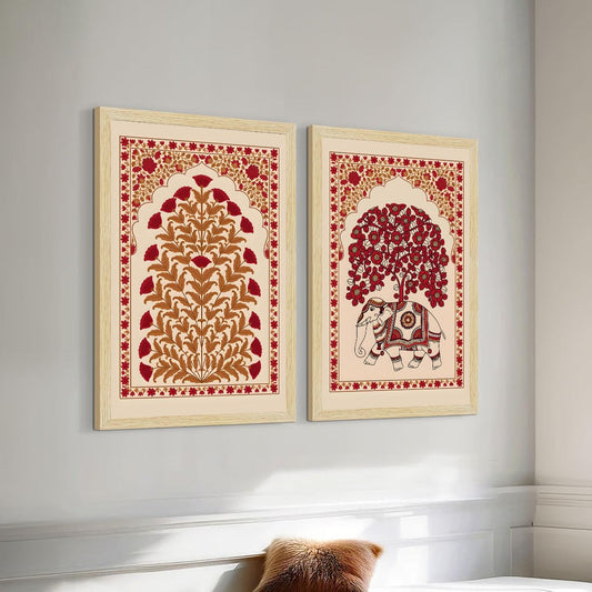 Elephant Kalamkari Art Paintings with Frame for Home Decor, Floral Wall Painting for Living Room, Multicolor, Natural Wood Color Frames, Set of 2
