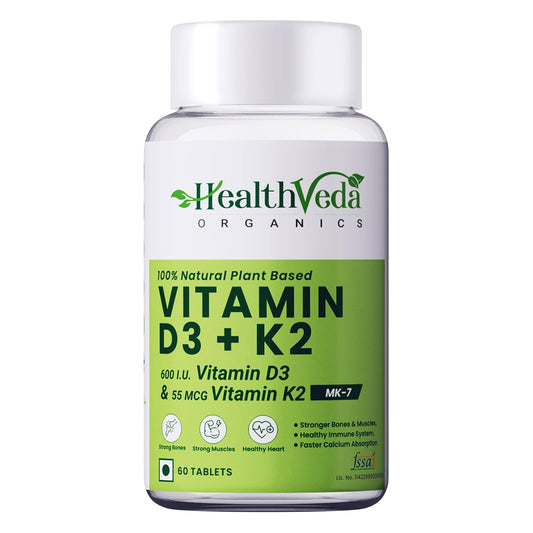 Zephivo HEALTH VEDA ORGANICS PRIVATE LIMITED Vitamin D3 (600 IU) + Vitamin K2 as Mk7 (55Mcg) | 60 Veg Tablets | Supports Healthy Bones, Boosts Immune System | For Men & Women