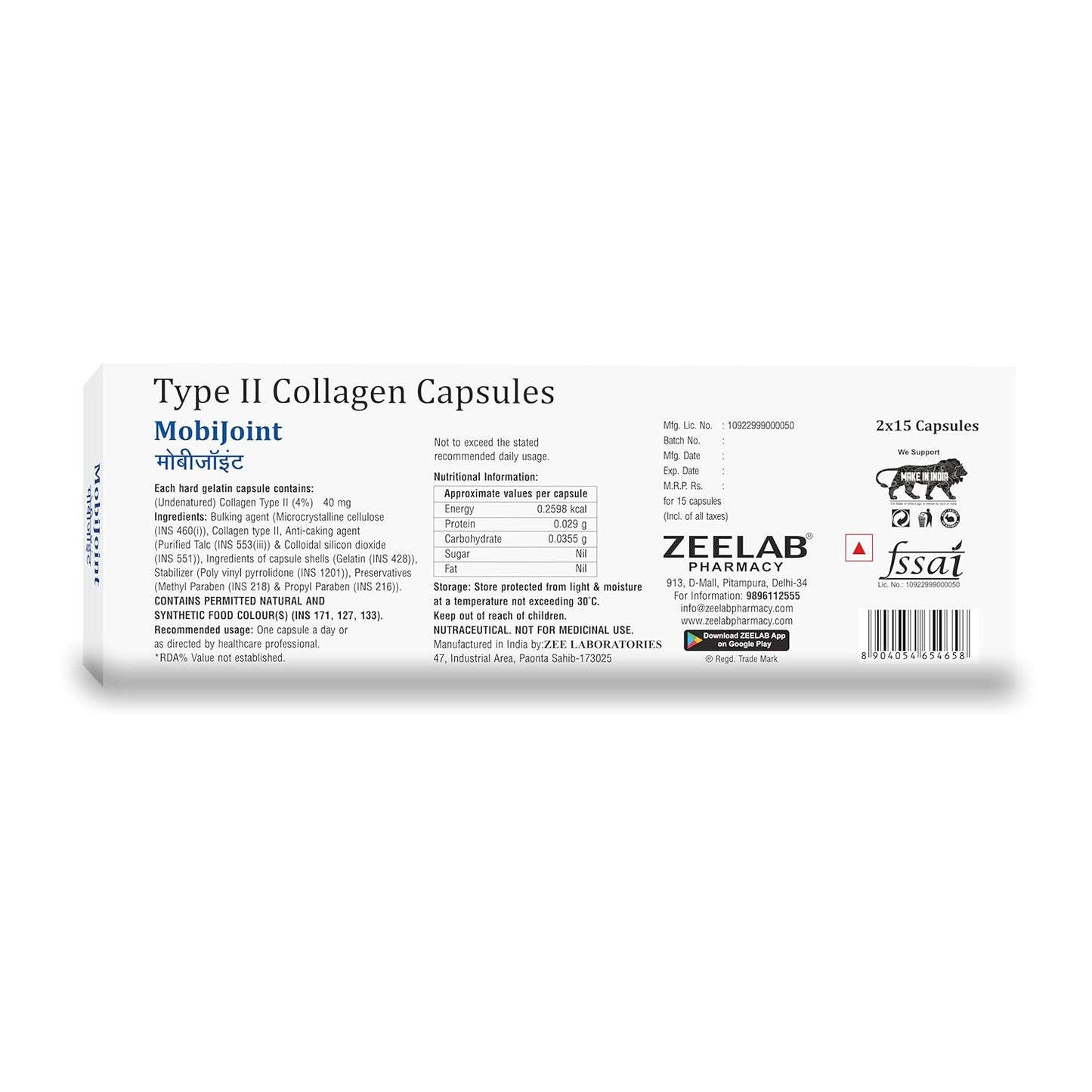 Zeelab MobiJoint Type 2 Collagen Capsules for Joint Strength (15 Capsules Strips)