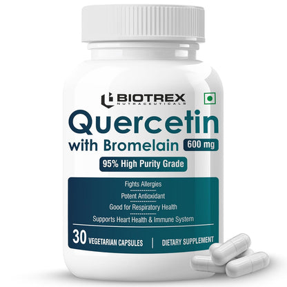Biotrex Nutraceuticals Quercetin with Bromelain 600mg Better Respiratory Health | Antioxidant | Fights Allergies | Immunity & Cardiovascular Health - 30 Veg Capsules