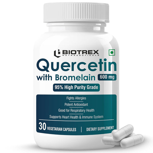 Biotrex Nutraceuticals Quercetin with Bromelain 600mg Better Respiratory Health | Antioxidant | Fights Allergies | Immunity & Cardiovascular Health - 30 Veg Capsules