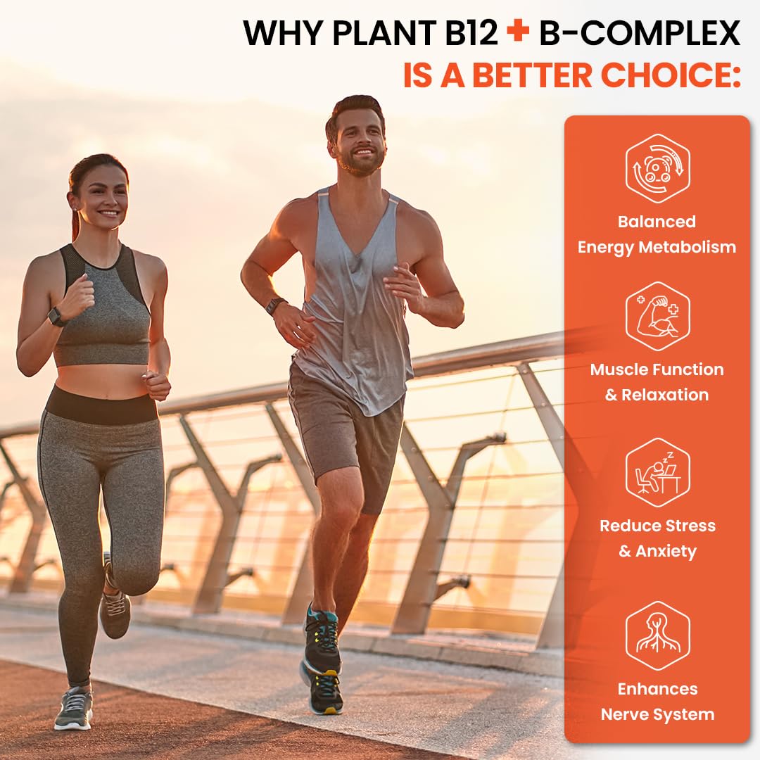 Two people running outdoors with an infographic on the benefits of B12+B-complex vitamins.