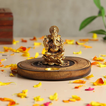 Brass Ganesha Idol on Wooden Base for Home Temple & Desk | Lord Ganesh Murti | Ganpati Idol for Spiritual Home Decor (Design01: L10 x W10 x H6 cm)