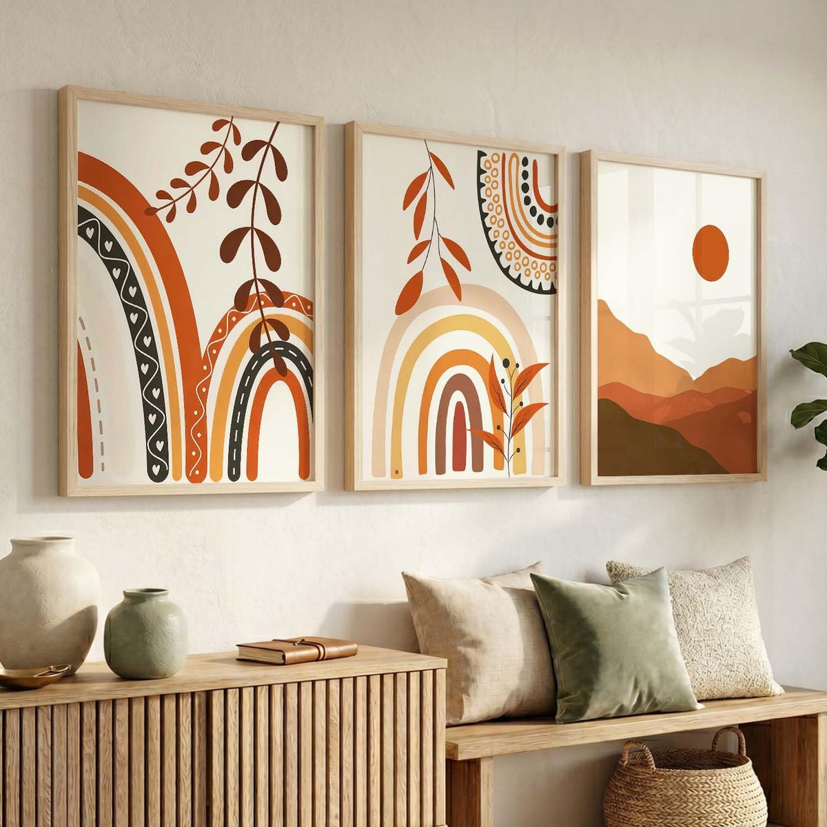 Home Decor Boho Painting Decorative Wall Art poster With Frame For Living Room Bed Room Hotel Wall Decor Digital Reprint Set of 3 (13X17 inch)