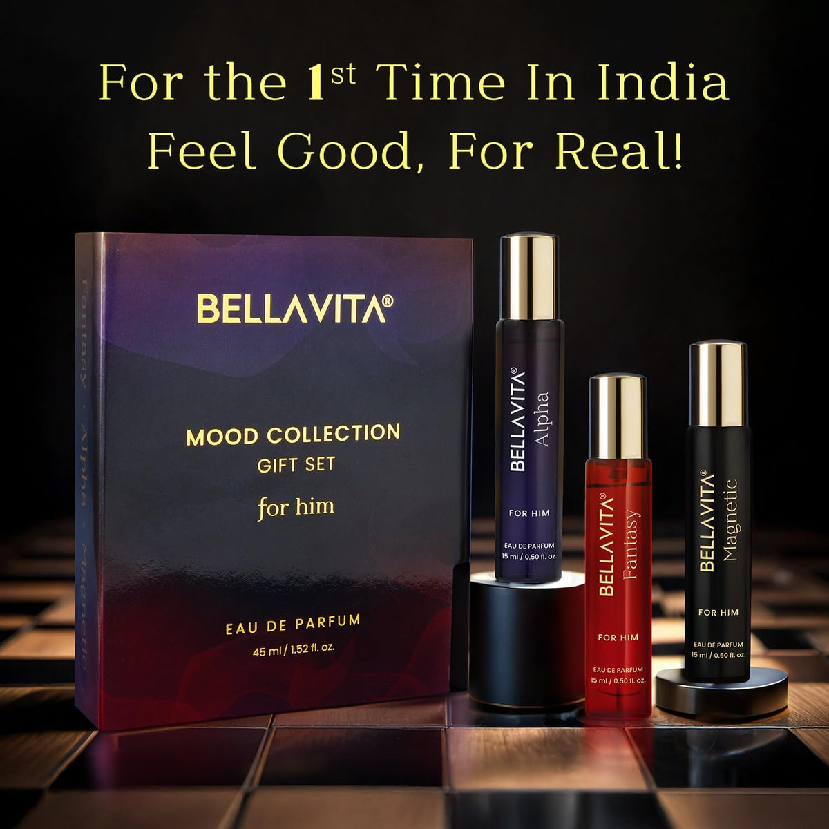 Bellavita mood collection gift set for men on a dark background