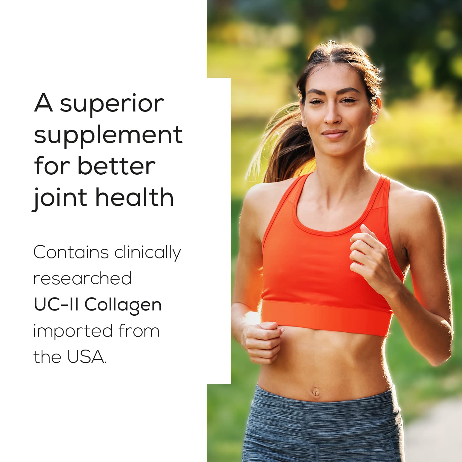 Woman running outdoors with text about a superior supplement for joint health.