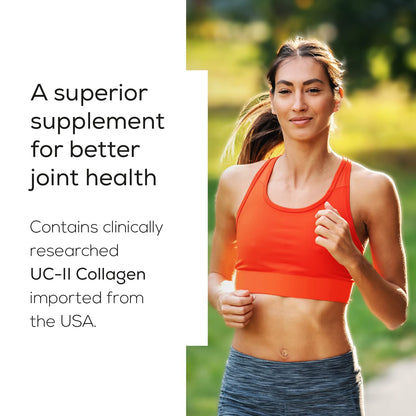 Woman running outdoors with text about a superior supplement for joint health.