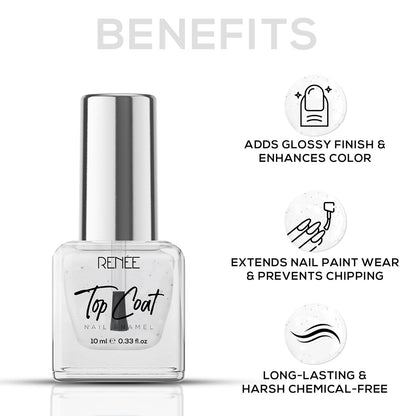 Nail polish bottle with benefits listed on a white background