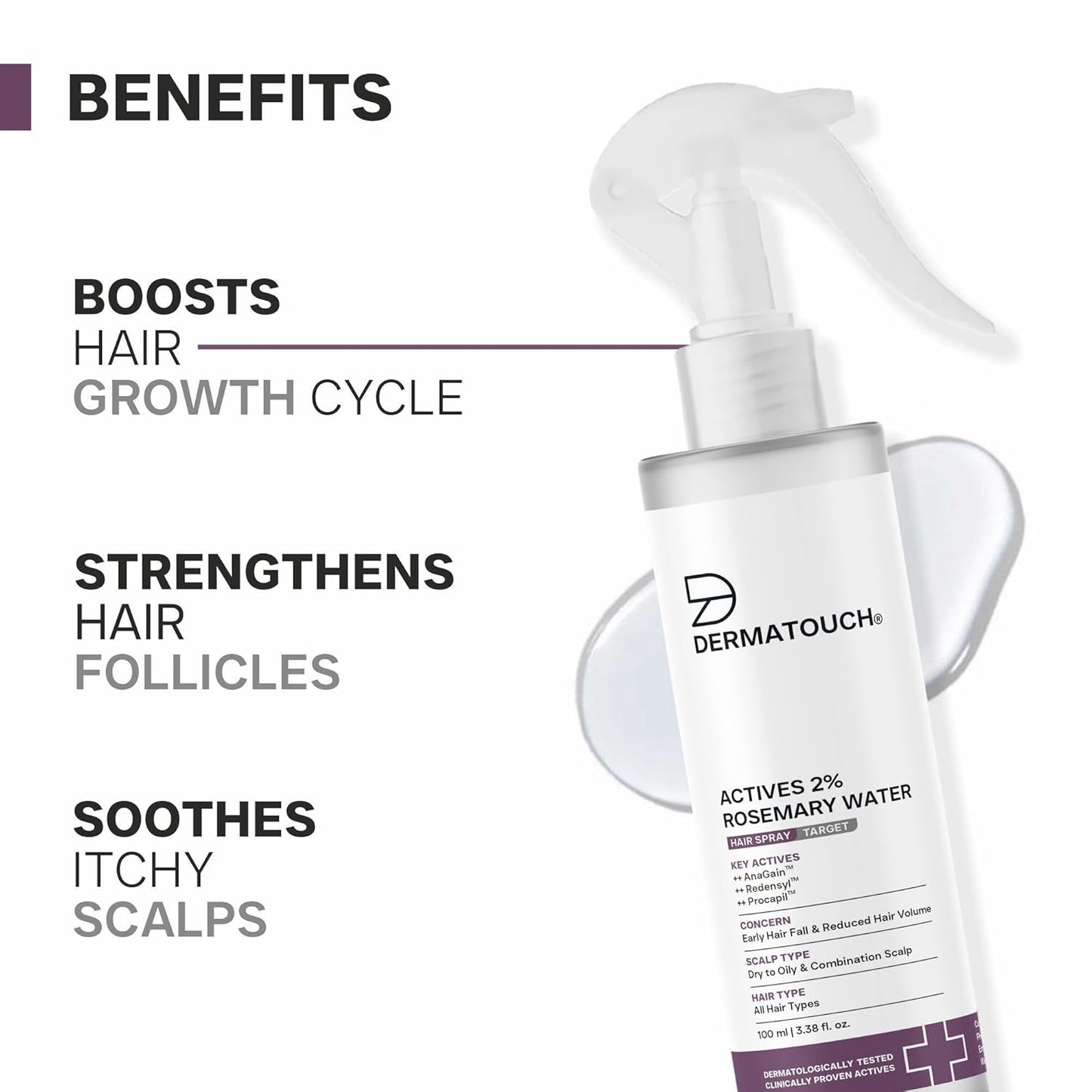 DERMATOUCH Rosemary Water Spray For Hair Growth (100 ml) | Advance 2% Actives Rosemary, Redensyl, Anagain + Procapil Hair Spray Mist for Hair Fall Control, Stimulates Hair Growth, Adds Shine , Strengthens Hair