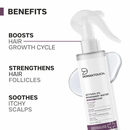 DERMATOUCH Rosemary Water Spray For Hair Growth (100 ml) | Advance 2% Actives Rosemary, Redensyl, Anagain + Procapil Hair Spray Mist for Hair Fall Control, Stimulates Hair Growth, Adds Shine , Strengthens Hair
