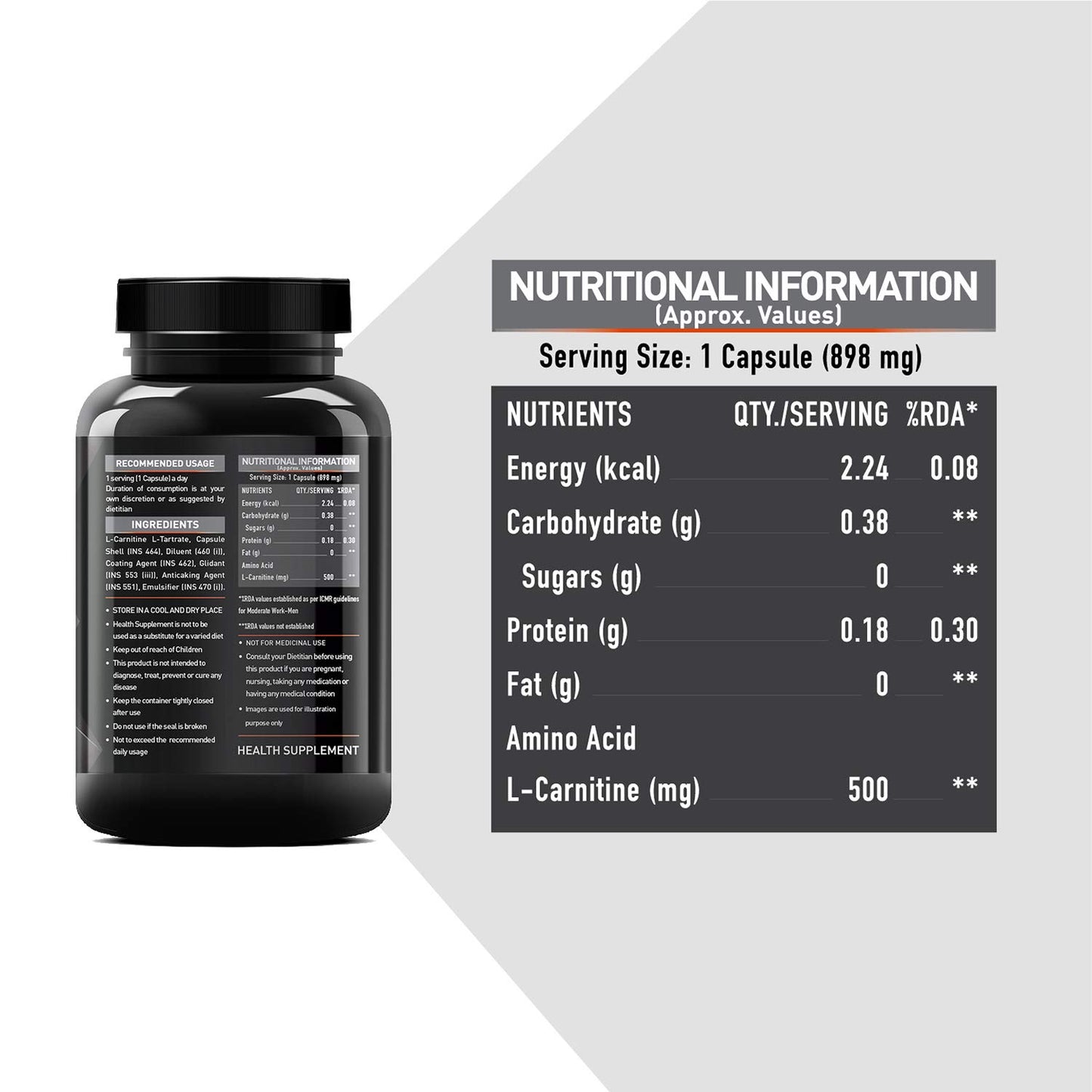 MuscleBlaze L-Carnitine L-Tartrate for Adults, Helps Convert Fat into Energy (Unflavoured, Capsules 60 Count )