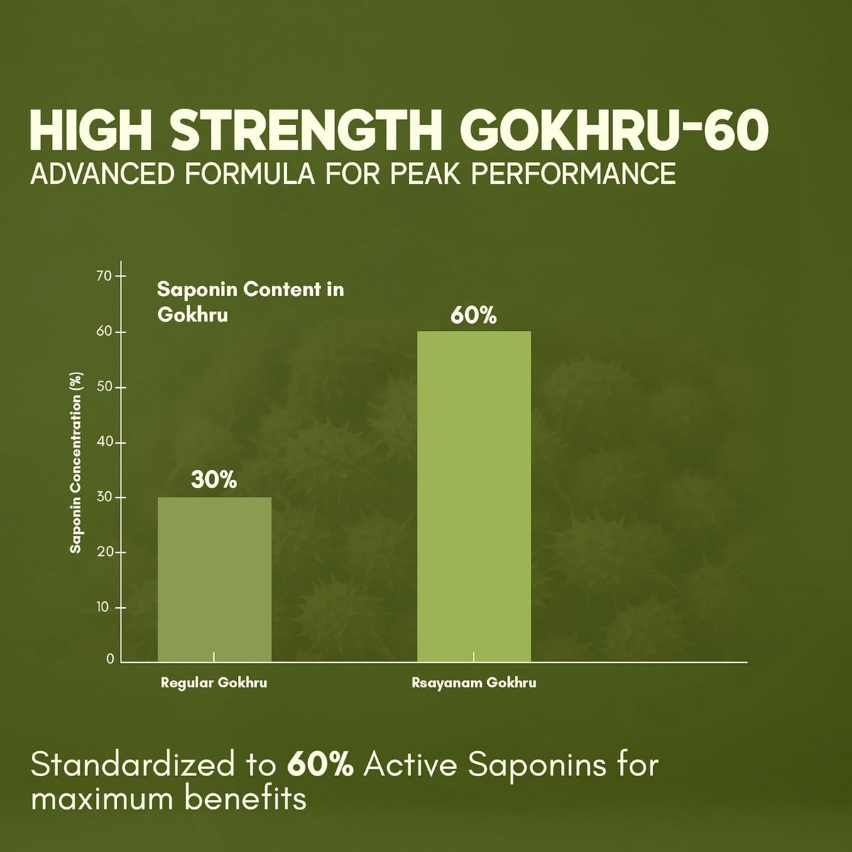 Bar chart comparing saponin content in regular and Rxayam Gokhru with a focus on high strength Gokhru-60.