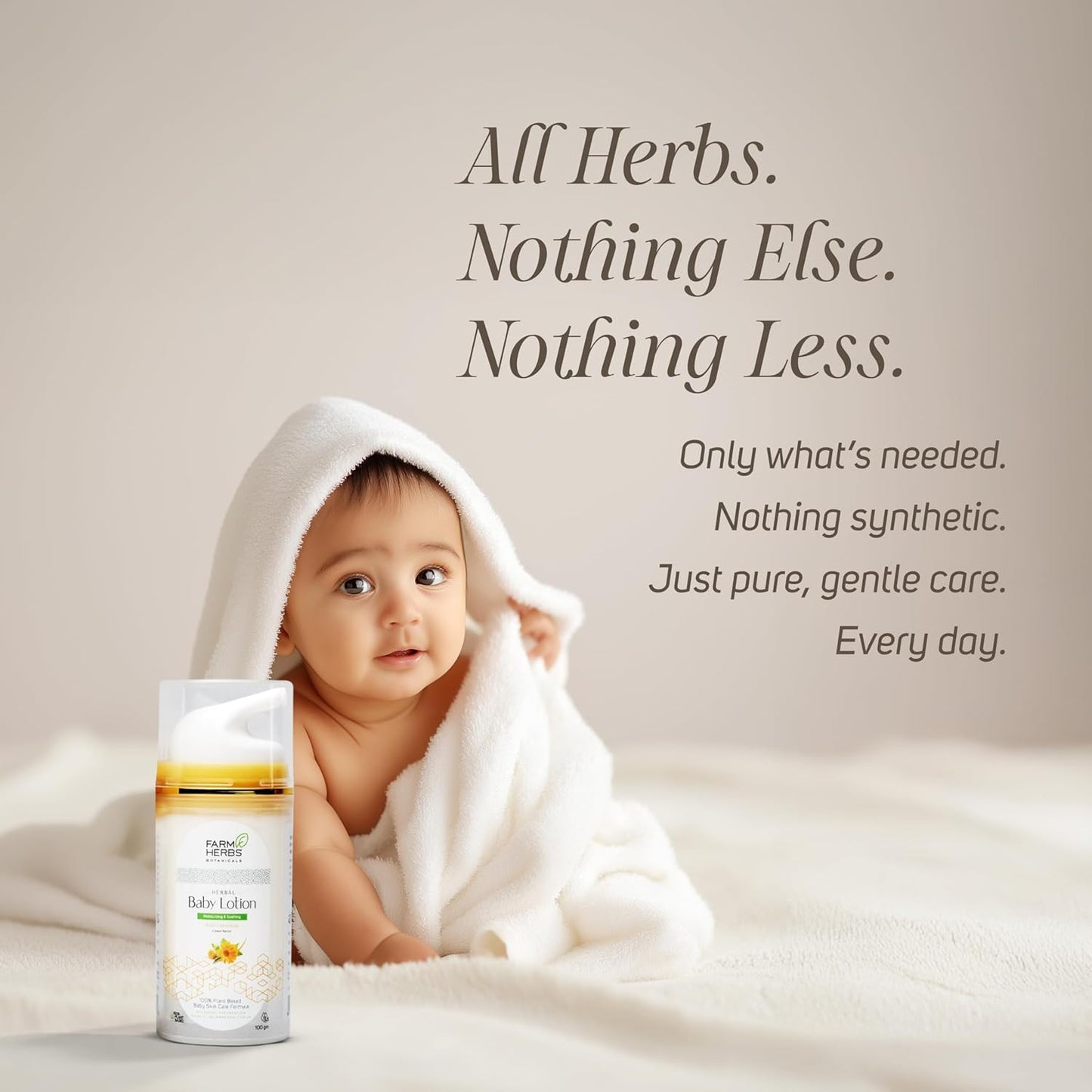 Farmherbs 100% Herbal All Natural Gentle Baby Lotion - Moisturizing and Soothing, pH-Balanced, Non-greasy and Fast absorbing, Based on Nalpamaradi Thaila, Botanical Hyaluronic Acid, Vitamin E, Aloe Vera 100% Safe lotion for Newborn Baby - 100g