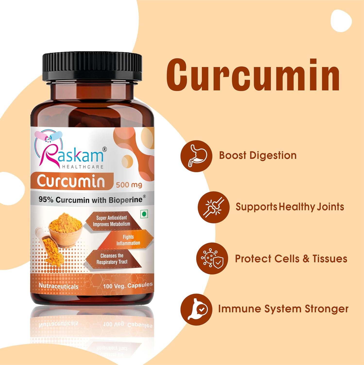 Raskam Curcumin supplement bottle with benefits on a beige background