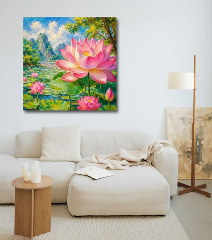 Lotus Flower Painting for Wall Vastu (15+ DESIGNS) Framed Lotus Canvas Painting for Living Room, Bedroom | Nature Floral Wall Art with Multiple Design Variations (Two Lotus, 18x18 Inch, Framed)