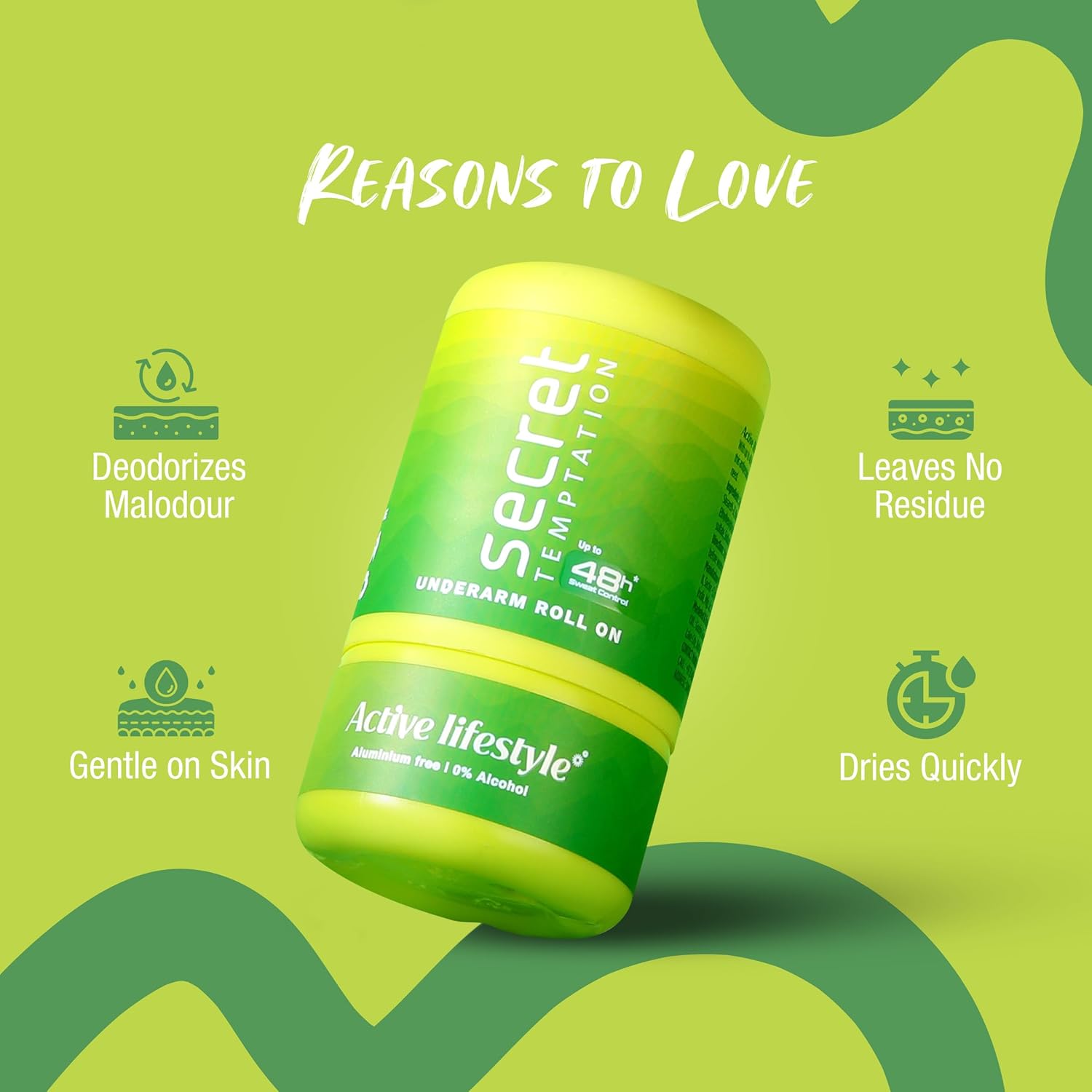 Green and yellow roll-on deodorant with 'Secret Temptation' branding on a green background with text 'Reasons to Love'.