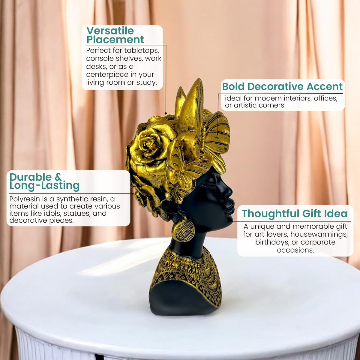 Golden Butterfly Goddess Bust Polyresin Showpiece 26 cm African Queen Figurine Black & Gold Statue for Home Decor Living Room Office Table Gift | Tabletop Decorative Showpiece
