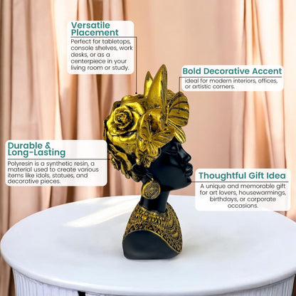 Golden Butterfly Goddess Bust Polyresin Showpiece 26 cm African Queen Figurine Black & Gold Statue for Home Decor Living Room Office Table Gift | Tabletop Decorative Showpiece