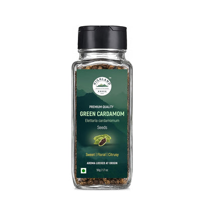 HIGHLAND Spices | Premium Green Cardamom (Elaichi) Seeds | 50g | 100% Natural, Fresh & Pure | Aroma-Locked at Origin | No Added Colours or Preservatives | Natural Mouth Freshener | Choti Ilachi Dana for Gourmet Cooking & Wellness | 50g
