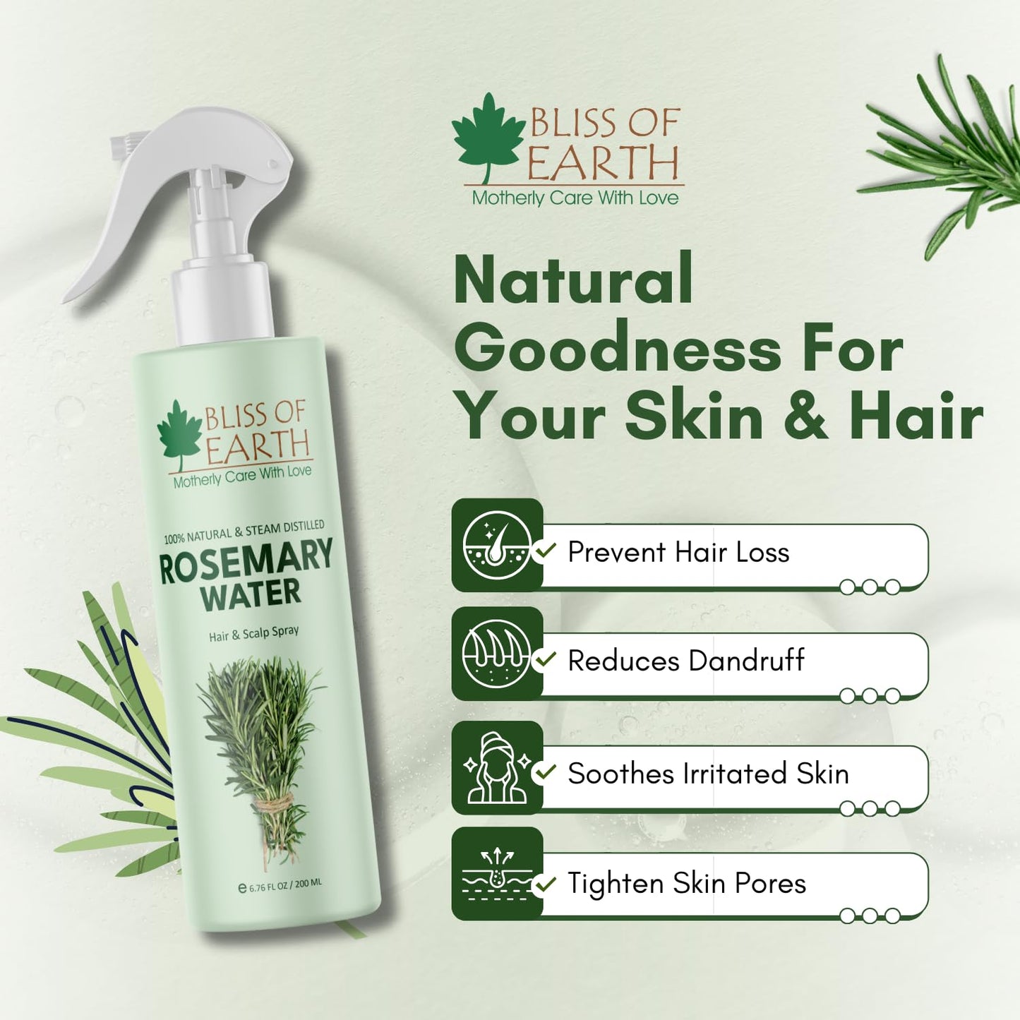 Bliss of Earth Rosemary Water Spray For Hair Growth 200ml, 100% Natural Steam Distilled Rosemary Water For Hair & Skin, Helps Reduce Hair fall, Strengthens Hair.