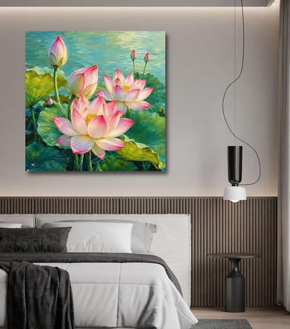 Lotus Flower Painting for Wall Vastu (15+ DESIGNS) Framed Lotus Canvas Painting for Living Room, Bedroom | Nature Floral Wall Art with Multiple Design Variations (Multi Lotus, 18x18 Inch, Framed)