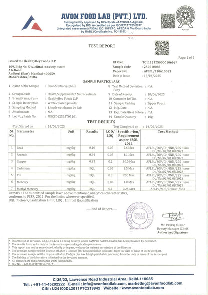 Avon Food Lab test report with various certifications and details.