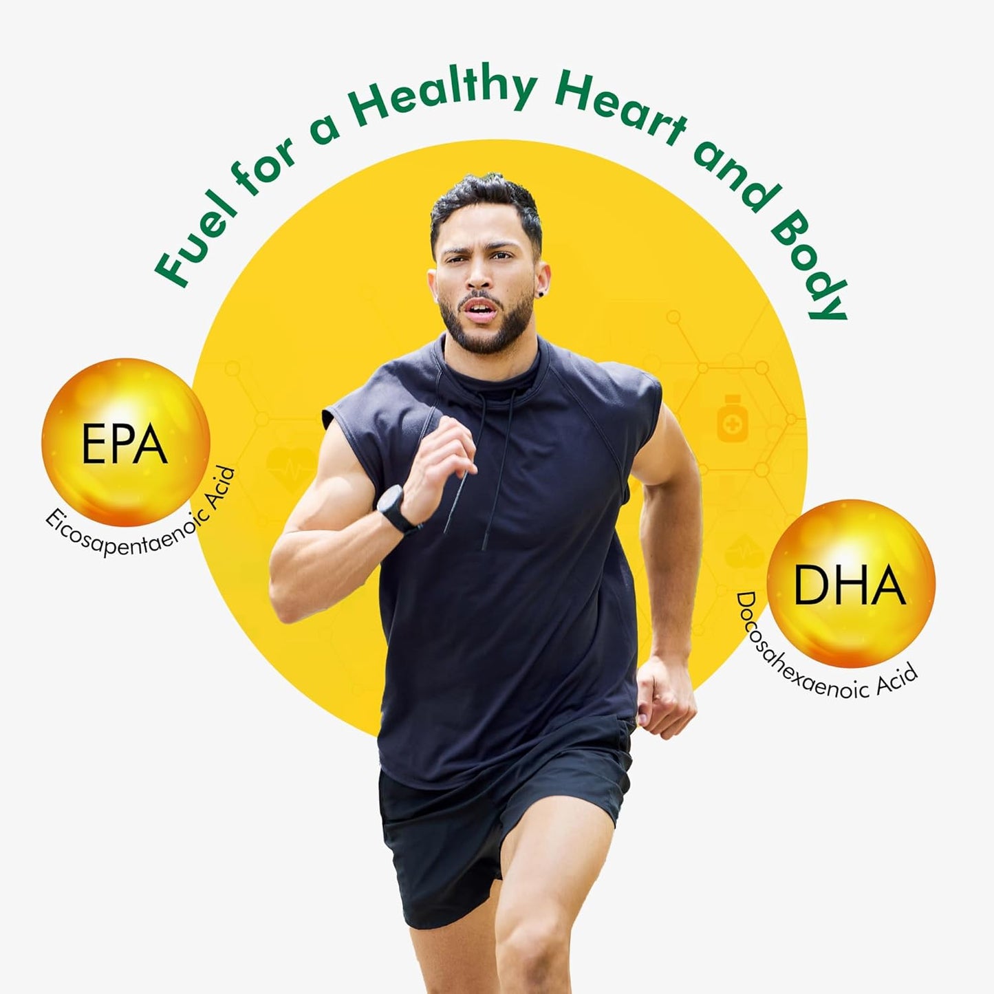 Man running with EPA and DHA graphics on a yellow circle, promoting health benefits.