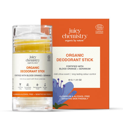 Juicy Chemistry Organic Deodorant Stick with Blood Orange & Geranium, 40g | Long-Lasting Odour Protection | Underarm Brightening | Neutralises Body Odour | Cruelty Free & Vegan | Dermatologically Tested