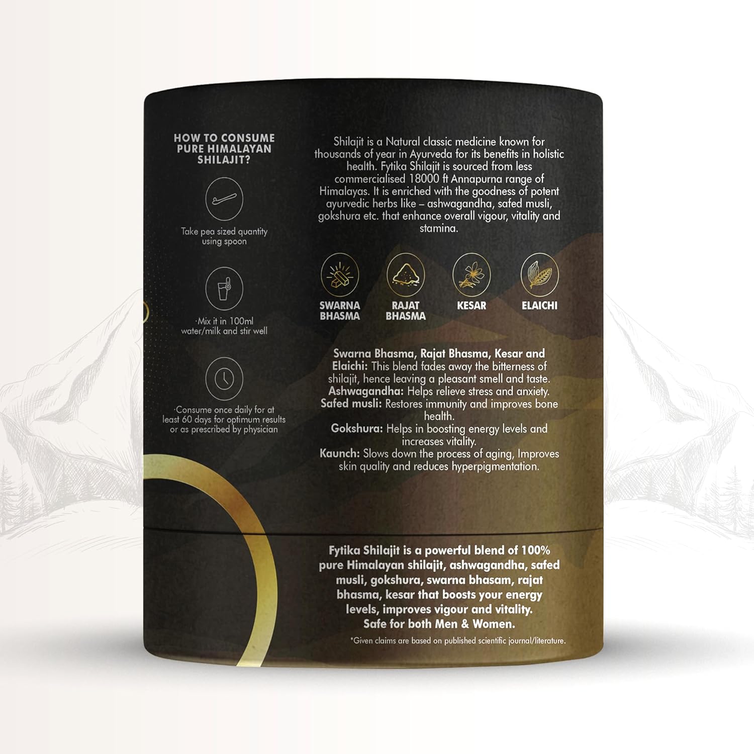 Black and gold container with text on a white background