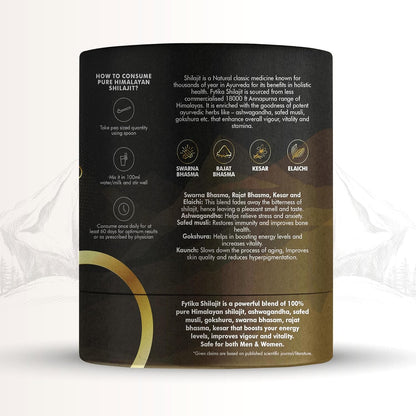 Black and gold container with text on a white background