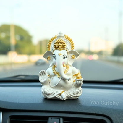 Yaa Catchy White & Gold Ganesha Idol Car Dashboard Idol Ganesha Murti Ganpati Idol for Home Decor Pooja Lord Ganesh Statue Gift for Office Desk Pooja Room (Ganesha Resin White & Gold)