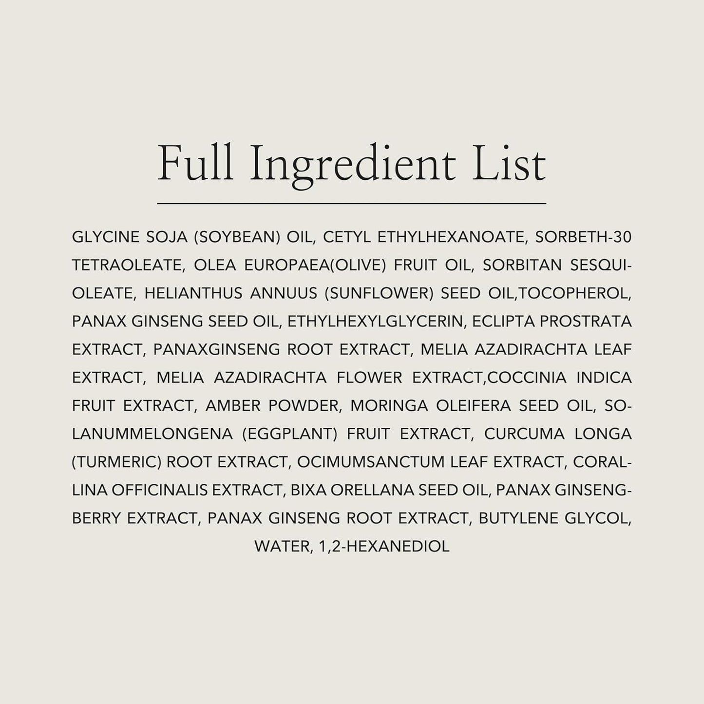 Full ingredient list on a light gray background