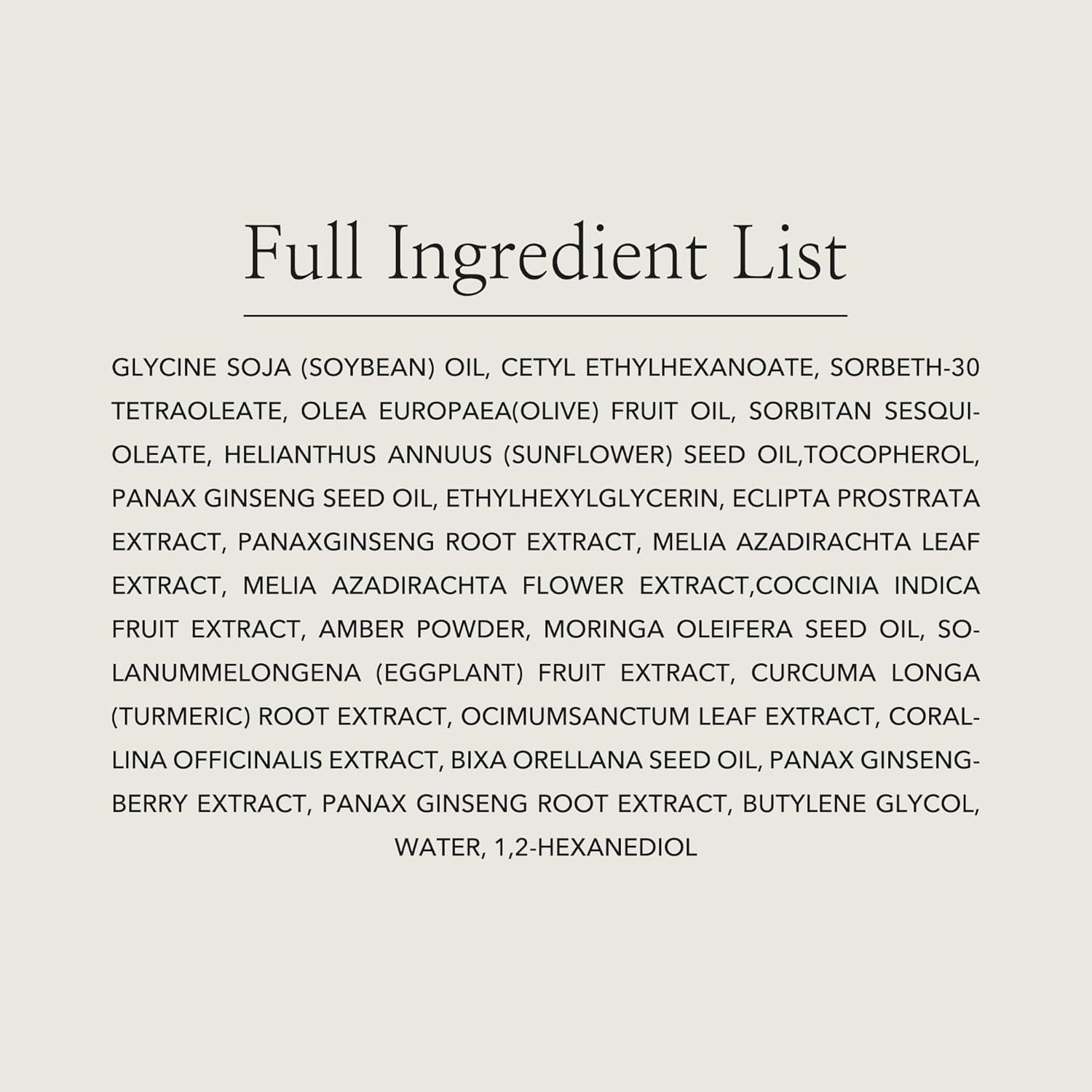 Full ingredient list on a light gray background