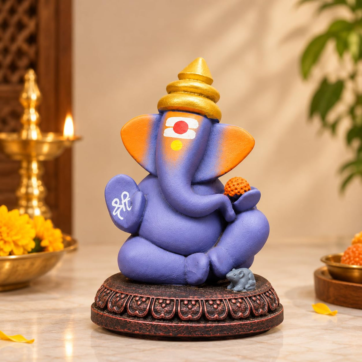 Lord Ganesha Idol with Mouse | 4 Inch Matt Finish Resin Murti | Solid Purple | for Home, Office, Car Dashboard & Gifting