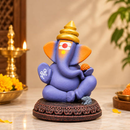 Lord Ganesha Idol with Mouse | 4 Inch Matt Finish Resin Murti | Solid Purple | for Home, Office, Car Dashboard & Gifting