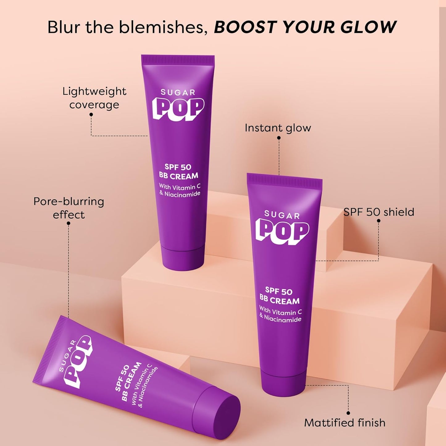 SUGAR POP SPF 50 BB Cream with Vitamin C & Niacinamide | Tinted Moisturiser with Matte Finish | Lightweight | 30gm - 01 Sand