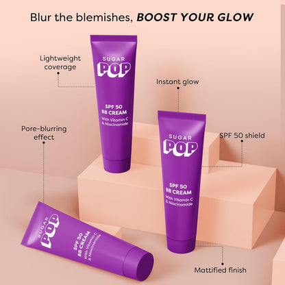 SUGAR POP SPF 50 BB Cream with Vitamin C & Niacinamide | Tinted Moisturiser with Matte Finish | Lightweight | 30gm - 01 Sand