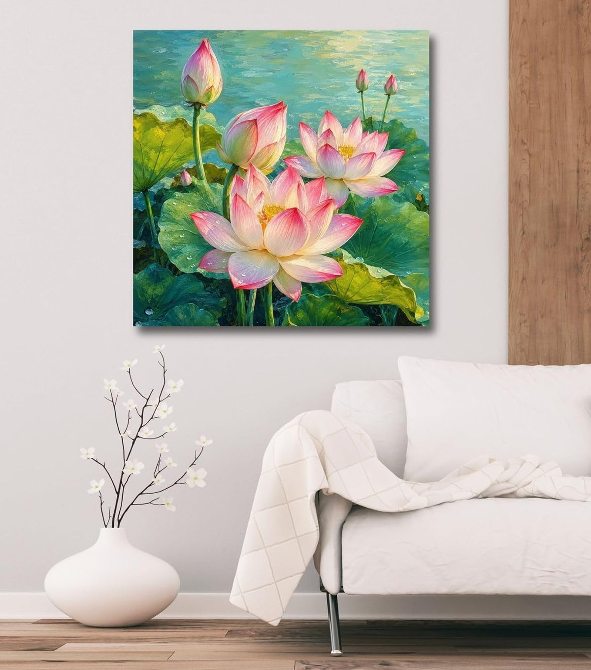 Lotus Flower Painting for Wall Vastu (15+ DESIGNS) Framed Lotus Canvas Painting for Living Room, Bedroom | Nature Floral Wall Art with Multiple Design Variations (Multi Lotus, 18x18 Inch, Framed)