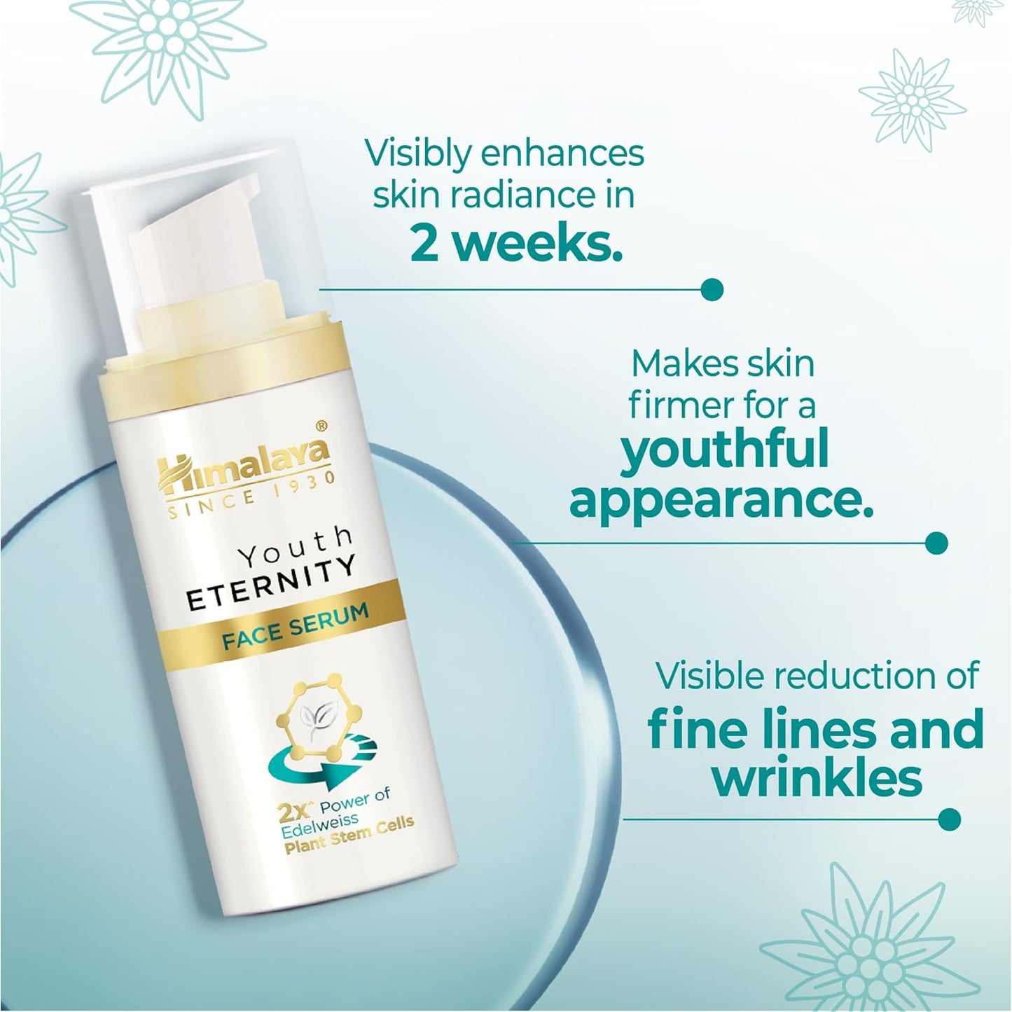 Himalaya Youth Eternity Face Serum with product details on a light blue background