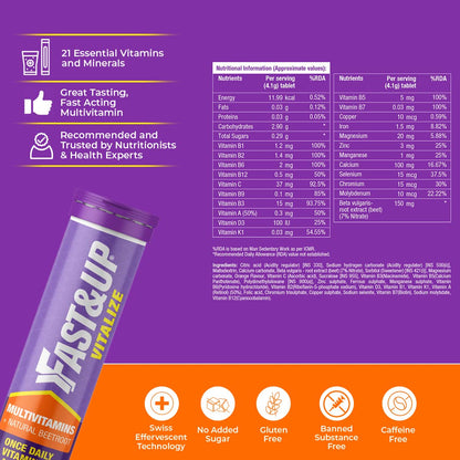 Fast&Up Vitalize multivitamin packaging with nutritional information on a purple and orange background