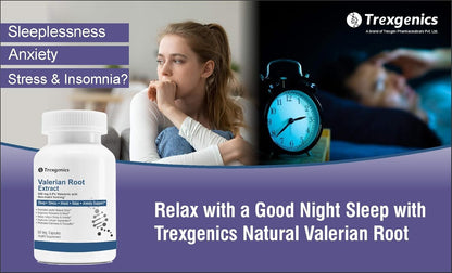 Advertisement for Trexenics Valerian Root Extract with a woman and alarm clock, highlighting sleeplessness, anxiety, and stress.